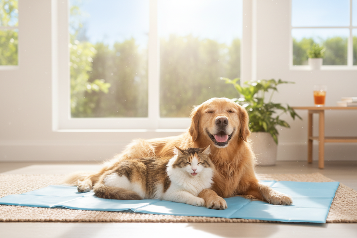 Cane e gatto sul tappetino rinfrescante
