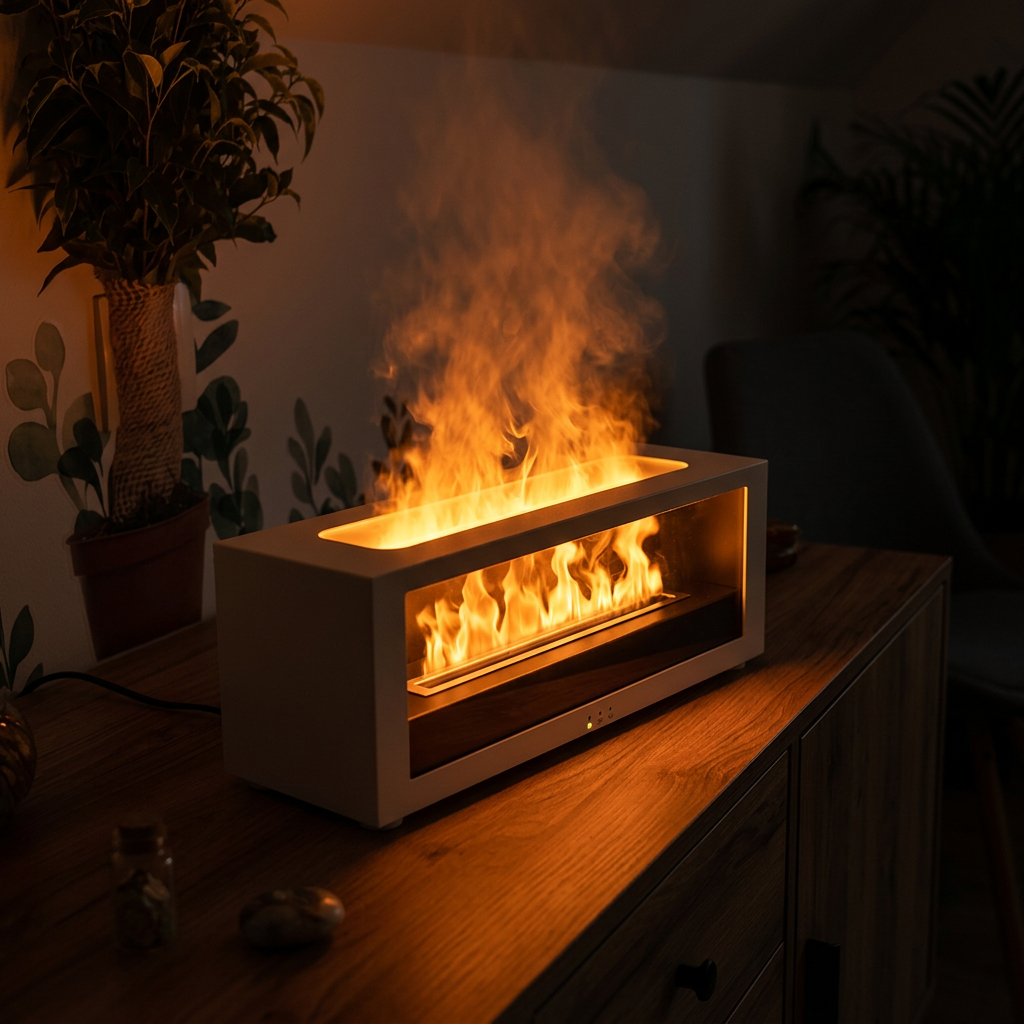 Diffusore con fiamma accesa in una stanza buia